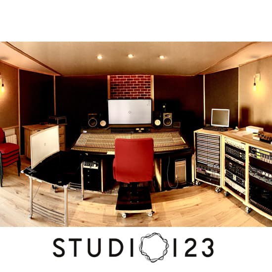 Recording studio control room with mixing console